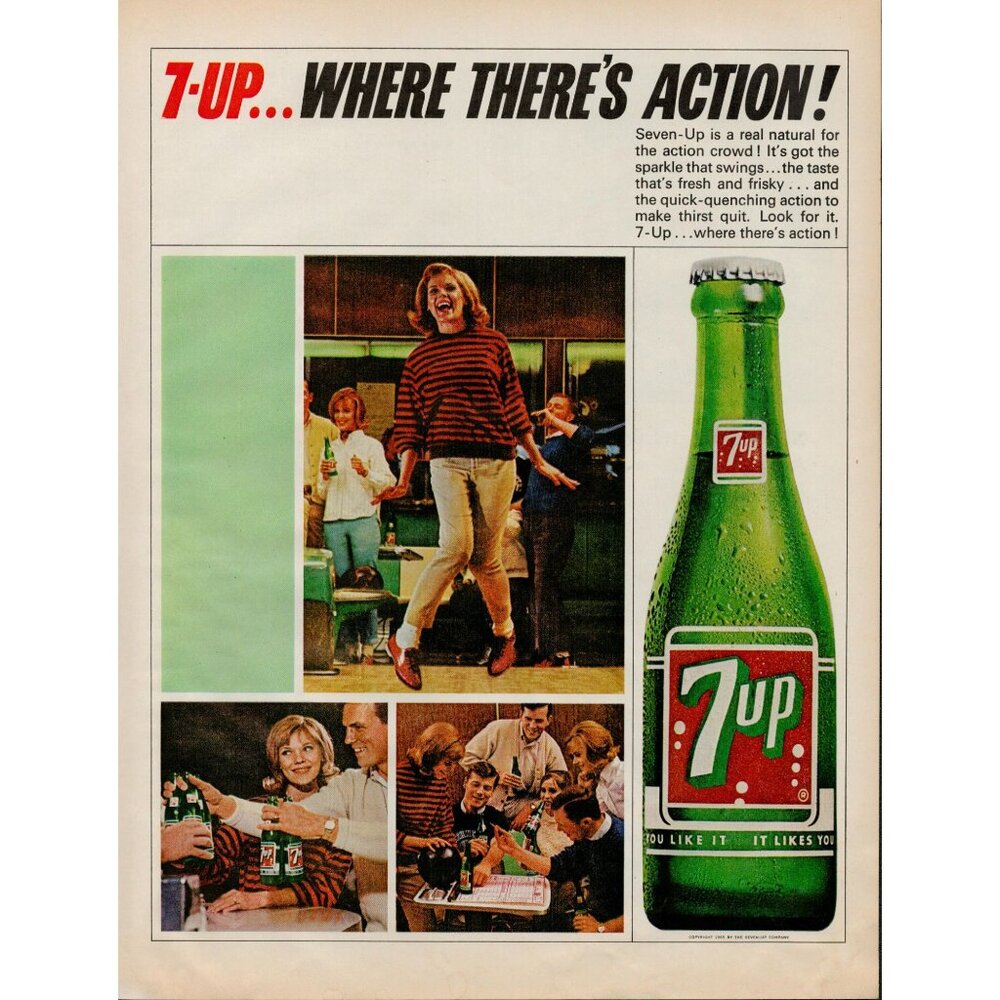 7-UP Carbonated Soft Drink 1965 Vintage Print Ad "WHERE THERE'S ACTION!" (L17)